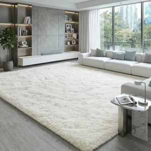 9x12 Ft Extra Large Cream White Fluffy Area Rugs, Pet Family Friendly Shag Carpet with Non-Slip Backing, Easy Clean Modern Plush Decor for Oversized Living Room & Master Bedroom