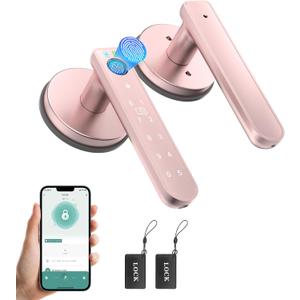 Fingerprint Door Lock, 6-in-1 Smart Door Knob with App Control/Fingerprints/IC Cards/Passwords/2 Keys, Fingerprint Door Knob Biometric Door Lock for Bedroom Apartment-Pink