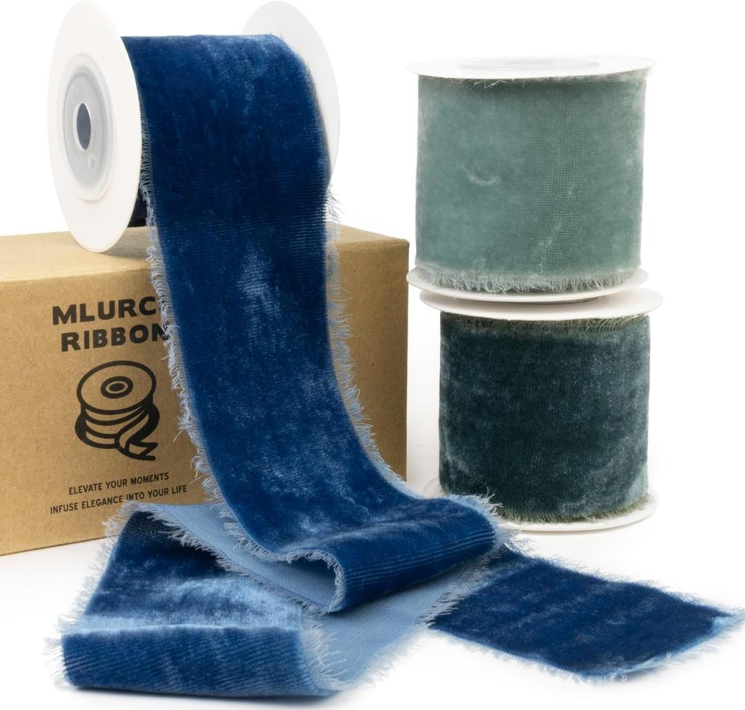 Blue Velvet Ribbon 2 Inch Wide Navy Blue, Dusty Green, Teal Ribbon, Thick, Frayed, Vintage Blue Silk Velvet Ribbons for Christmas, Gift Wrapping, Wedding, Invitations, Bridal Bouquet