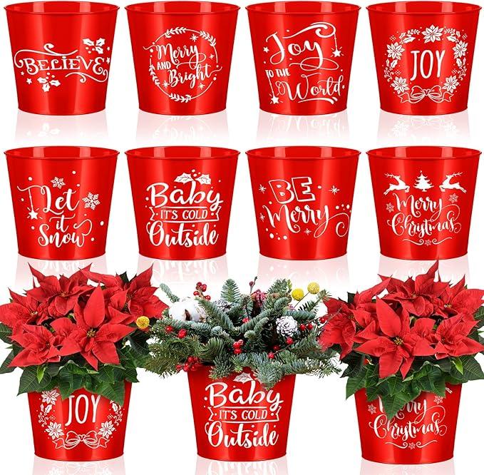 Hoolerry 16 Pcs Christmas Bucket Gardening Pots Planters Accessories Galvanized Planters Red Metal Pail 6 Inch Galvanized Flower Plant Pots Gardening Container for Gardens Patios Decorations