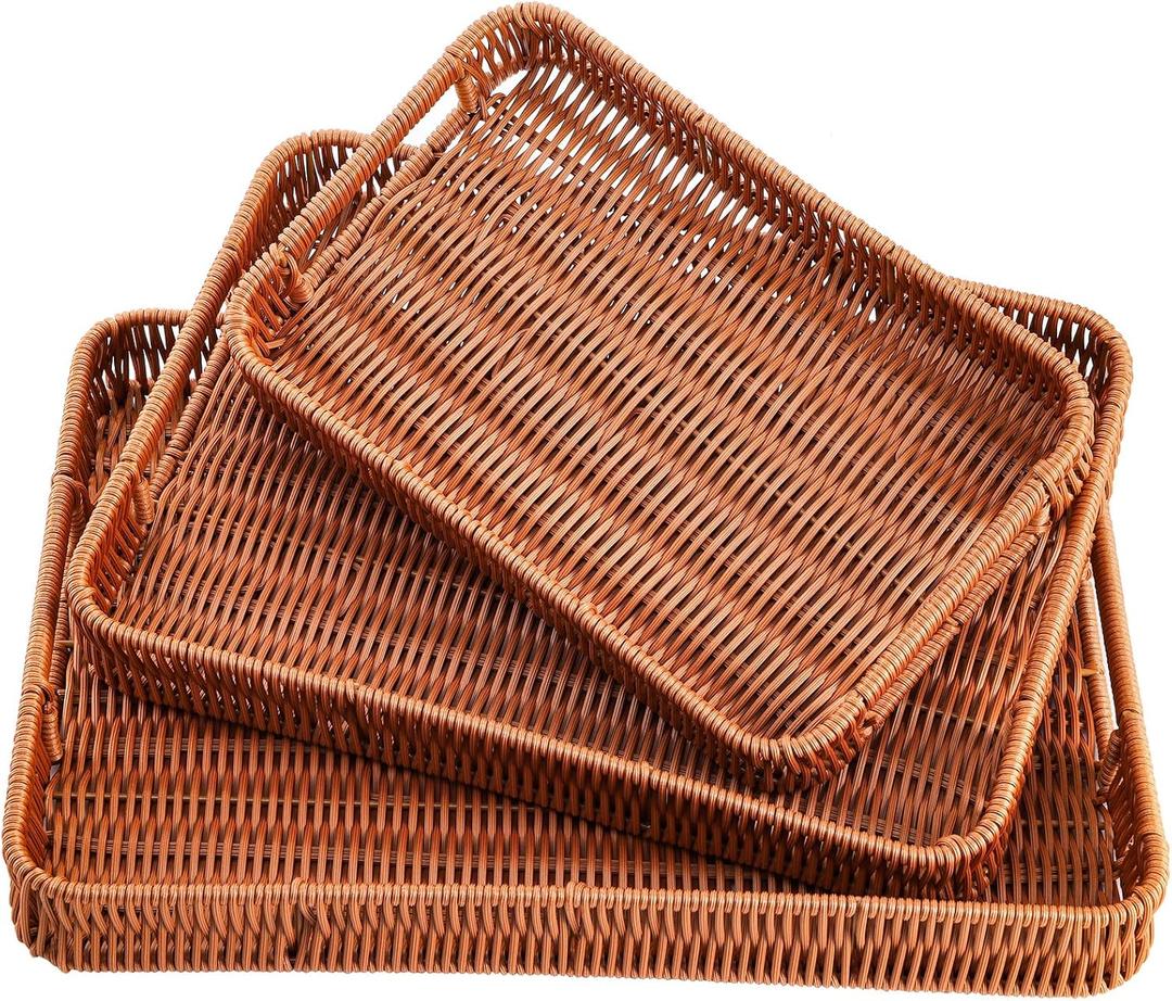 Yarlung 3 Pack Woven Baskets Serving Trays with Handles, Poly Wicker Bread Baskets Rectangular Platters for Fruit, Vegetables, Breakfast, Drinks, Snacks, Dining Coffee Table, 3 Sizes
