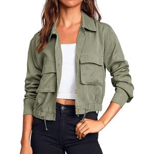 Women's Military Safari Cropped Jackets Button Down Lightweight Oversized Utility Anorak Coat with Pockets, L