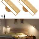 Battery Operated Wall Sconces Set of 2,Rechargeable Wall Lights Wood,Stick On Wall Lights for Bedroom,Wall Mounted Bedside Reading Lamps Dimmable,Battery Powered Wall Lamp for Bedroom