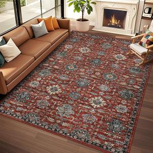 Living Room Rug 6x9, Soft Vintage Washable Area Rug Boho Low Pile Non-Slip Large Rug Farmhouse Indoor Floor Carpet for Living Room Bedroom Dining Room, Red
