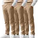 3 Pack Boys' School Uniform Pants 6-14Y Elastic Waist Stretch Youth Trousers with Pockets Straight Fit for Kids (Khaki, Khaki, Khaki)
