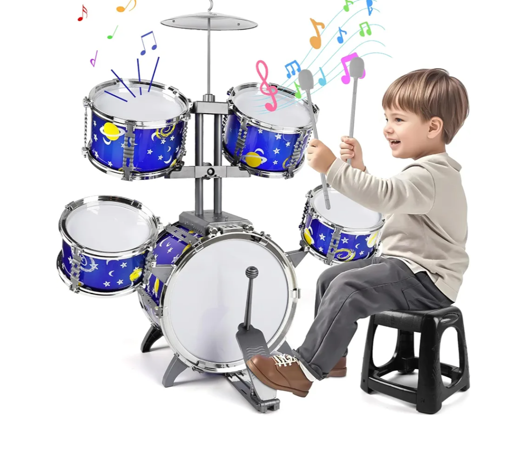 M SANMERSEN Upgraded Kids Jazz Drum Set Toddler Toy Drum Set with Stool, Plastic Rock Jazz Drum Kit Musical Toys Gift for Boys Girls 1-3 3-5 (Blue)