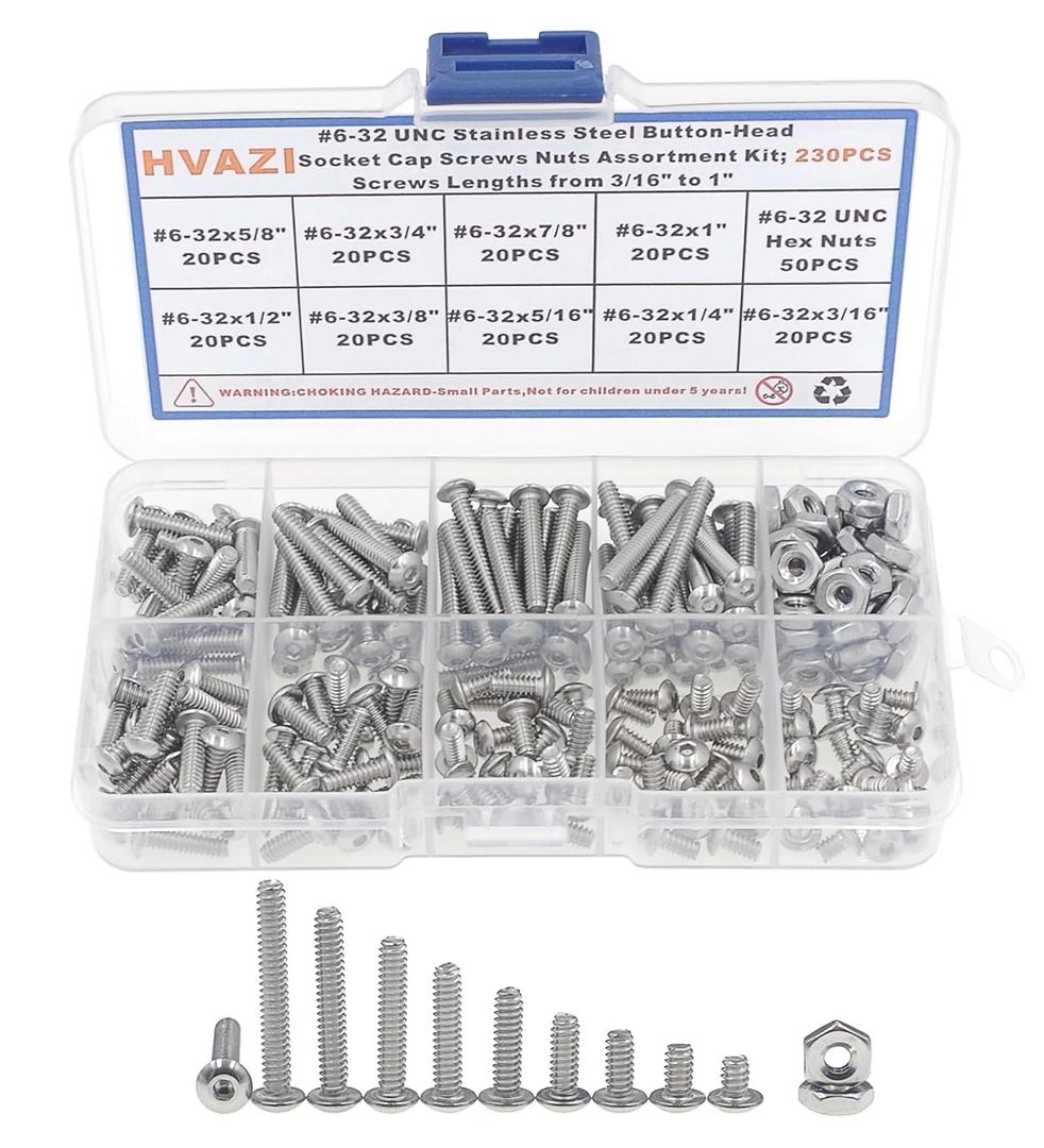 #6-32 UNC Button-Head Socket Cap Screws/Bolts Nuts Assortment Kit;304 Stainless Steel;Screws Lengths from 3/16" to 1"