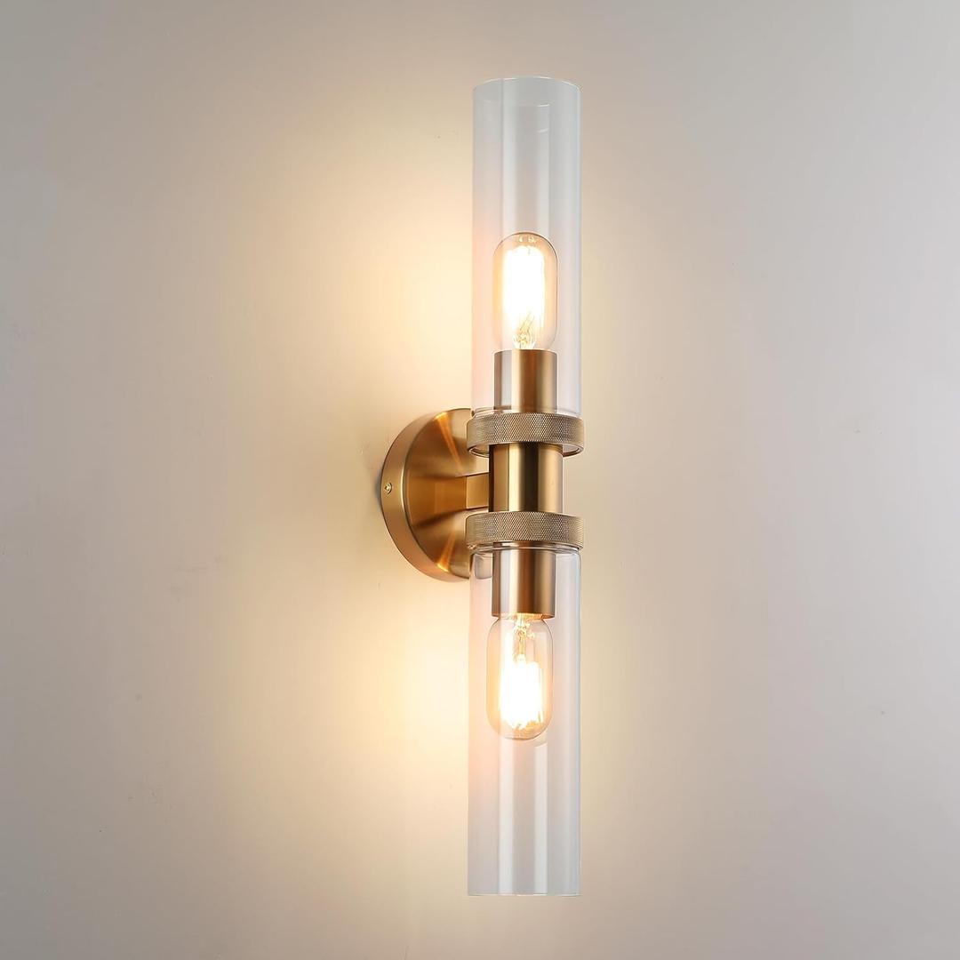 E26 Brushed Brass 2 Light Vanity Lights, Farmhouse Gold Modern Bathroom Wall Lamps with Glass Shade