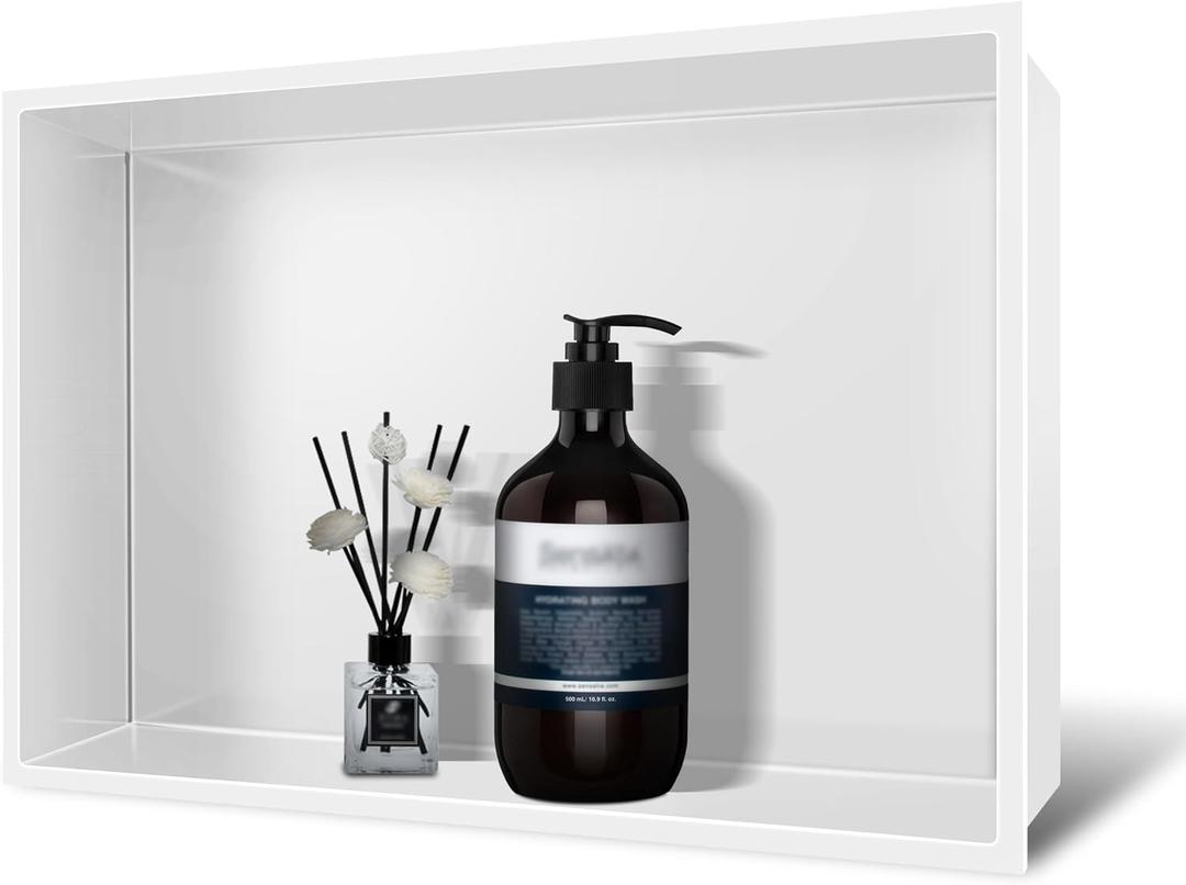 Shower Niche No Tile Needed, 18 x 12 Insert Shower Niche, Recessed Shelf for Bathroom Storage Over Mount Installation, White