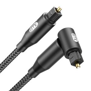 EMK 90 Degree Right Angle Optical Audio Cable [6ft/2M] - 360 Rotatable Digital Toslink SPDIF Cable for Soundbar to TV, Home Theater - Black Fiber Optic Cable with Angled Connector