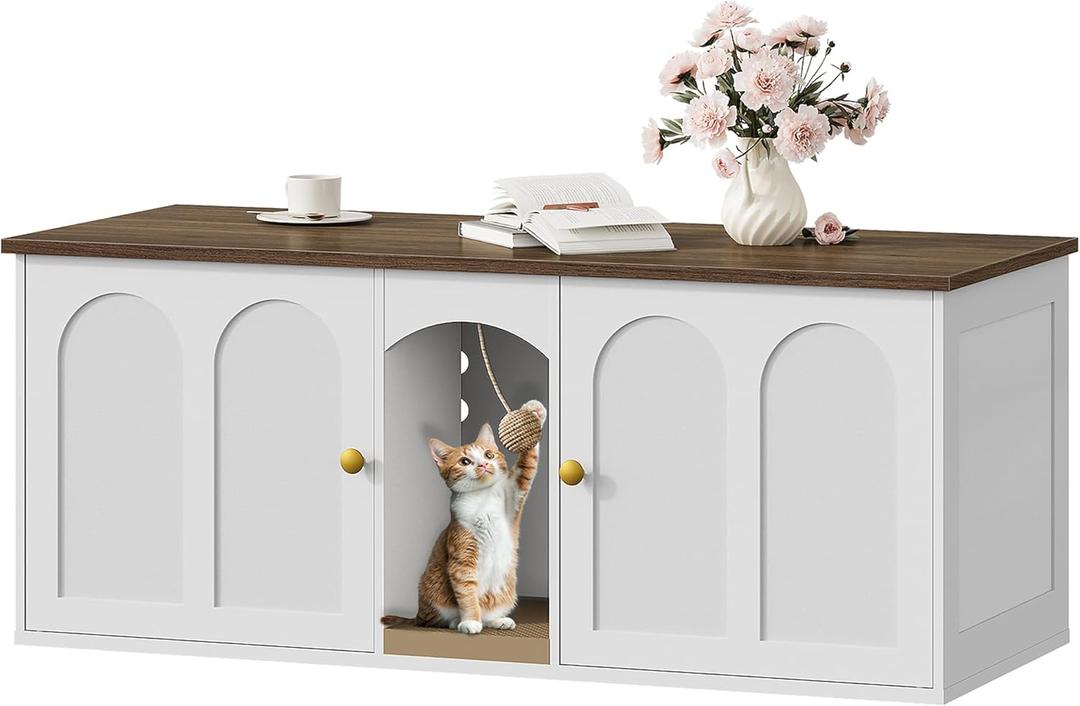 47.2'' Double Cat Litter Box Enclosure, Hidden Cat Litter Box Furniture with Scratching Board and Dangling Ball, for 2 Cats, White and Walnut MMW02WL