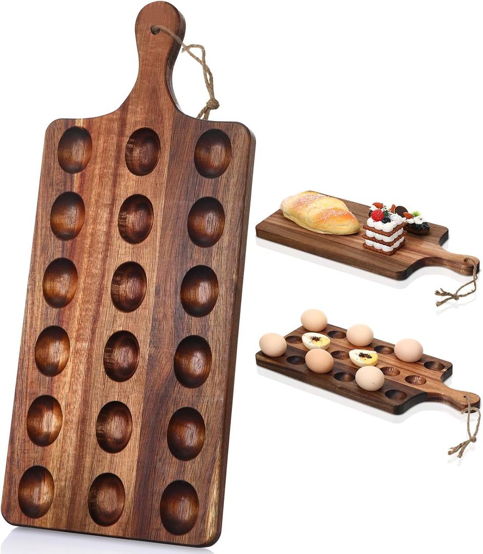 Gerrii Reversible Wooden Deviled Egg Platter Deviled Egg Tray Charcuterie Board Cutting Board Cheese Serving Tray for Home Kitchen(17 x 7 Inch, 18 Holes)