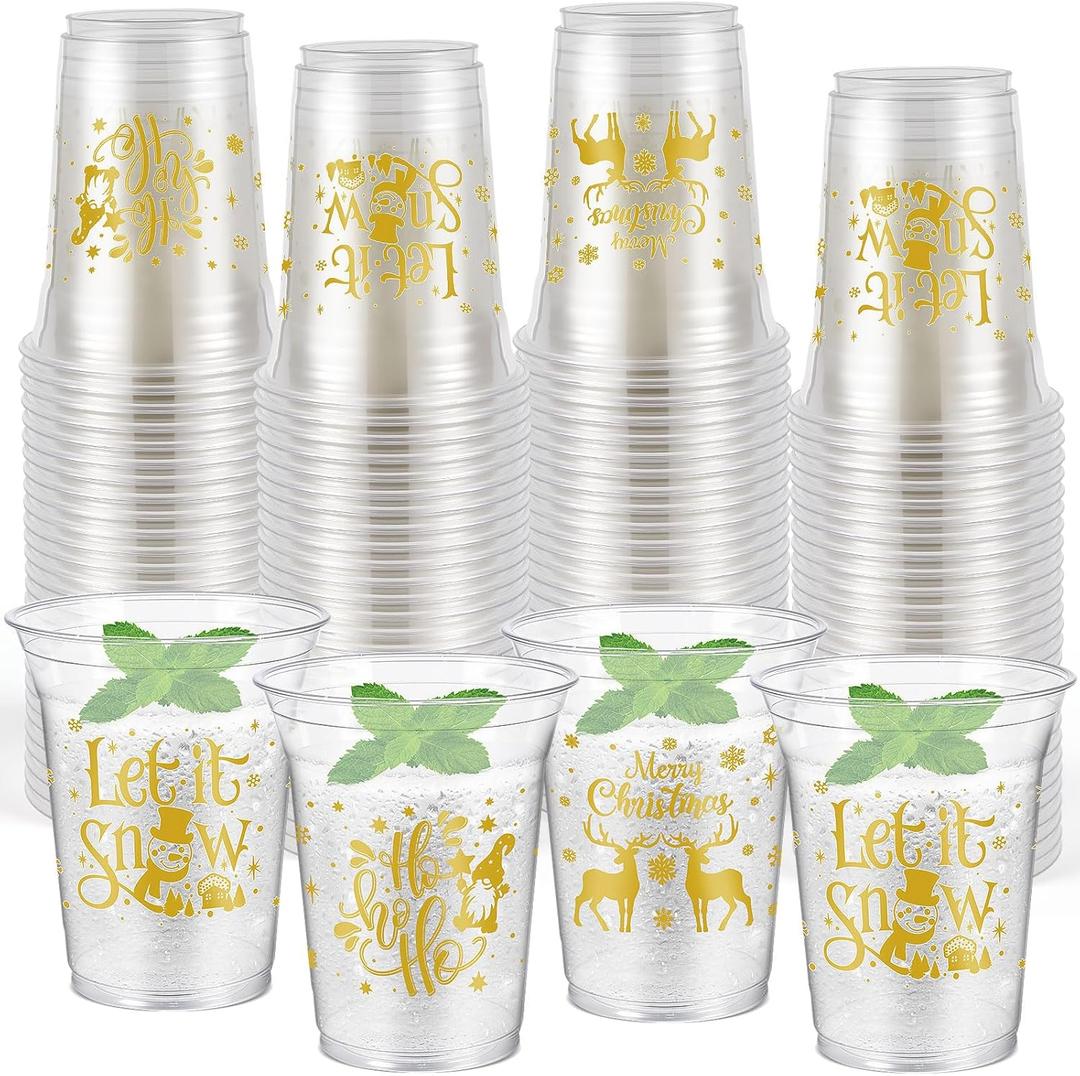 Honeydak 50 Pcs Christmas Cups 12 oz Merry Christmas Plastic Cups Clear Winter Disposable Glasses Xmas Theme Drinking Glasses for Home Xmas Winter Holiday Party Favors Kitchen Supplies Decoration