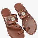 OYOANGLE Women's Boho Floral Embroidered Flat Sandals Toe Ring Leather Flip Flops Vacation Beach Thong Sandals size 37