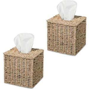 Set of 2 Seagrass Handwoven Wicker Tissue Box Cover, Natural Handmade Napkin Box Holder, Handcrafted Square Facial Tissue Holder for Bathroom, Rustic Decorative on Table and Bathroom,Boho Decorative