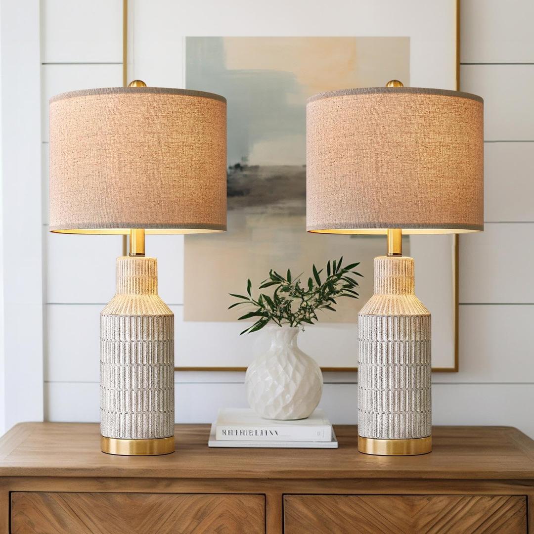 25" Table Lamps Set of 2 - Modern Bedside Lamps for Living Room - White Washed Ceramic Nightstand Lamps for Bedroom (25"-Washed White-2Pack)