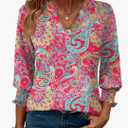 LOMON 3/4 Length Sleeve Womens Tops Summer Loose V-Neck Eyelet T-Shirts Dressy Casual Ruffle Sleeve Tunic Blouses (XL)