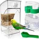 Hamiledyi No Mess Bird Feeders Water Dispenser Set Automatic Parakeet Cage Feeder with Perch Transparent Acrylic Container Parrot Cage Accessories for Canary Budgie Lovebirds Finches (Feeder + Drinking Bottle)