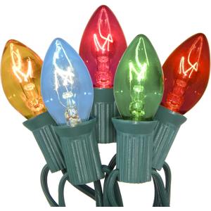 SUNSGNE 25Ft Multicolor Christmas Lights, C7 Incandescent Christmas Light with 27 Clear Vintage Outdoor Colorful Lights (2 Spare) for Holiday Prom Party Wedding Decor, Green Wire