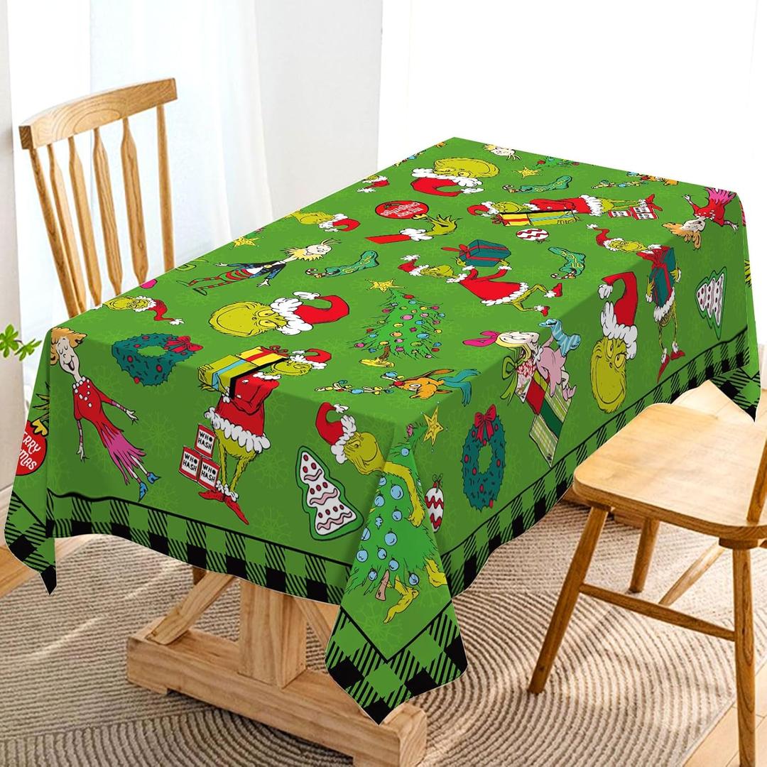 Hafangry Grinchmas Tablecloth Buffalo Plaid Check Christmas Winter Holiday Party Decoration Rectangular Kitchen Dining Room Home Decor 60×84 inches