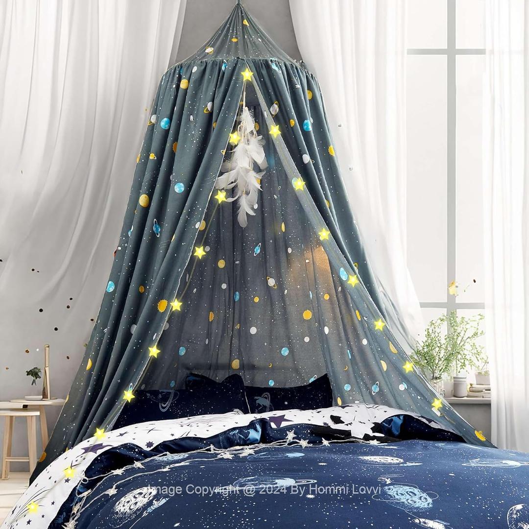 Hommi Lovvi Space Rockets Print Kids Bed Canopy, Girls Princess Canopy Dreamy Room Decor, Soft Hanging Reading Nook Play Tent Canopy, Extra Large Full Size Bed Canopy with String Light (Romance Blue)