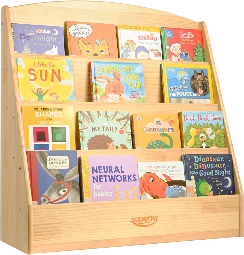 Montessori Bookshelf, 4 Tier Kids Bookshelf – Safe, Sturdy, and Easy to Clean, Premium Wooden Book Shelf for Kids Rooms, Playroom, Classroom, Nursery（31-1/2" D x 11-4/5" W x 31-1/2" H）