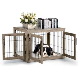 Upolana Dog Crate Furniture, 38 inch Large Dog Crates with Bed Mat, Wooden Dog Kennel Furniture, End Side Table Dog Cage with 3 Doors, Greige