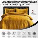 Tribeca Living Lugano Oversized Velvet Quilt Set - All Season, Extra Large, 3 Piece King Size Comforter Set with 2 Pillow Shams in Gold Honeycomb Pattern 260GSM