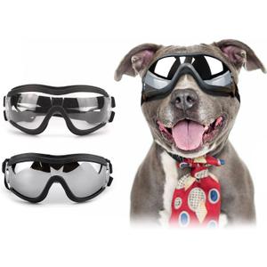 NAMSAN Clear Dog Goggles, and Black Sunglasses for Dogs Medium to Large Breed, 2 Pieces, Windproof Driving Dog Eye Protection, Doggy Glasses with Elastic Straps, Adjustable, Black