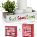 Double-Sided Christmas Funny Bathroom Decor with Double-Sided Sign, Stink Stank Stunk Box, Toilet Paper Storage Basket, White Wood Tank Tray Organizer with Handles for Christmas Decorative