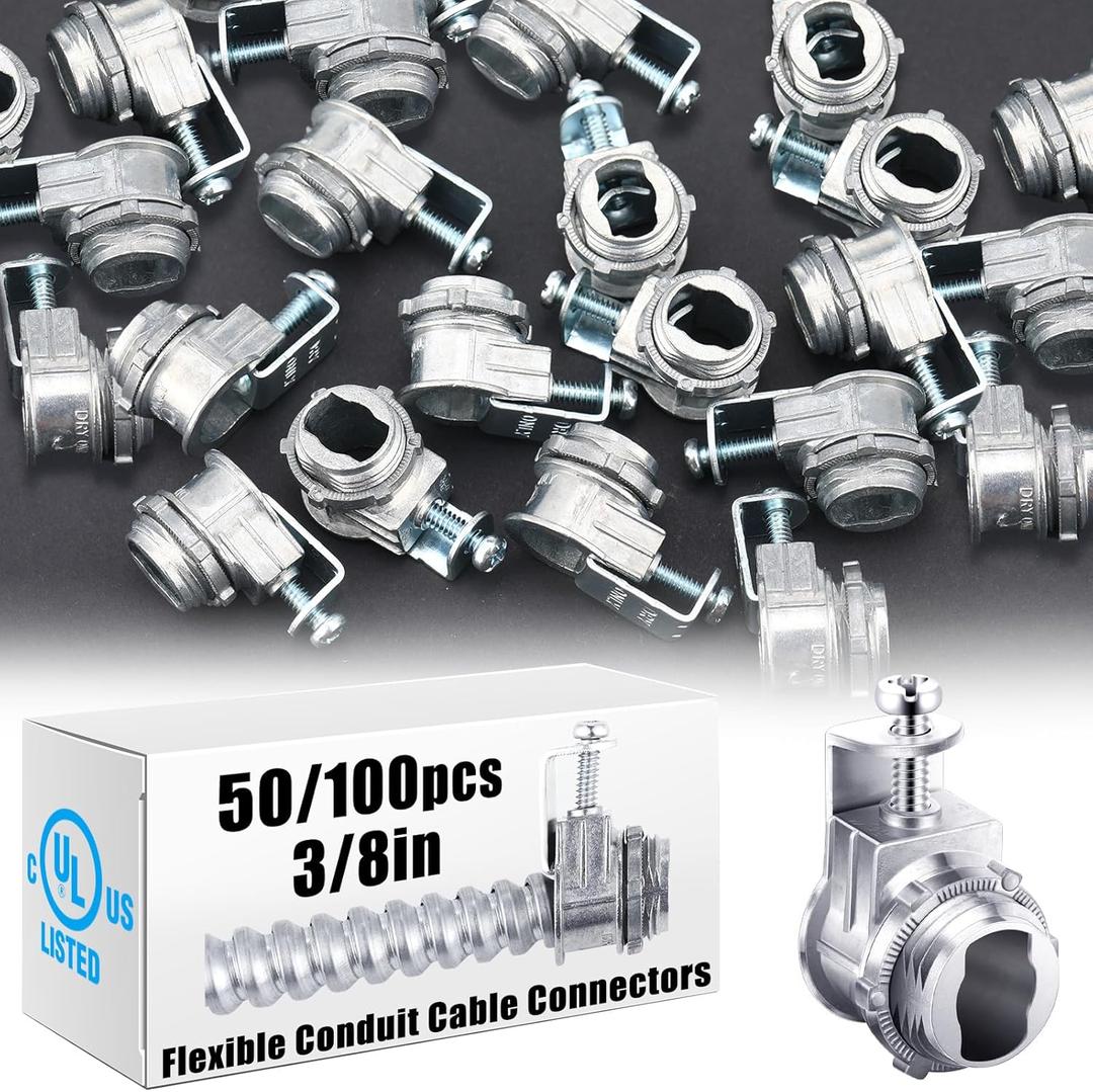 Tandefio 100 Pcs Flexible Conduit Cable Connectors 3/8 Inch Metal Conduit Saddle Connectors, Metal Screw Clamp Type Electrical Fittings for Electric Wires Metallic Protect