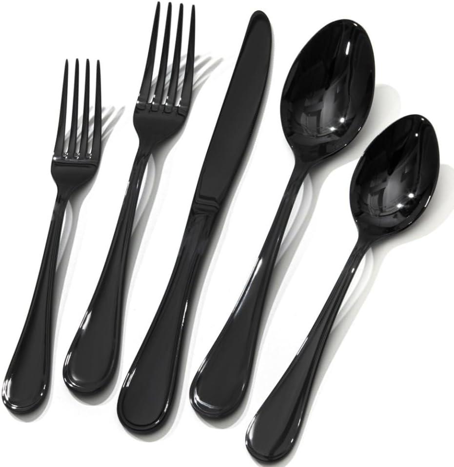 KINGSTONE 20 Piece Teardrop Silverware Set for 4, 18/10 Stainless Steel Flatware Set, Modern Design Cutlery Set for Home/Hotel/Wedding, Mirror Polished and Dishwasher Safe, Black