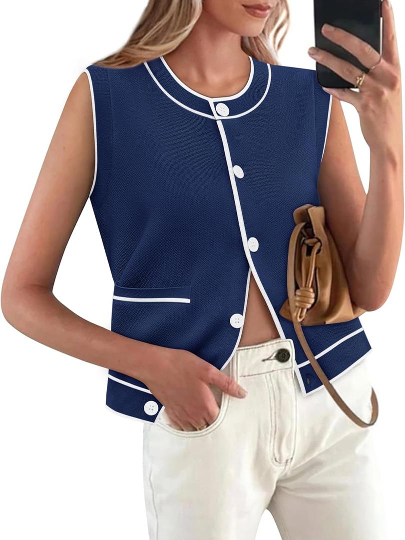 Yousify Womens Knit Tank Tops 2025 Summer Sleeveless Sweater Vest Round Neck Button Down Casual Cardigan with Pockets (Small, Navy Blue)