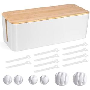 Cable Management Box - Wooden Style Large Cord Organizer Box to Hide Wires & Power Strips | Desk Computer Cable Organizer Box | Safe ABS Material |16" (L) x 6.2" (W) 5.3" (H)|for Home & Office - White