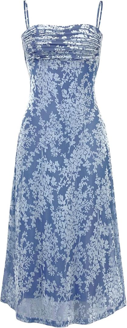 BTFBM Women's Summer Dress Sleeveless Spaghetti Strap Midi Dress Sexy Cowl Neck Floral Cocktail Dress Party Dresses (Light Blue, Small)