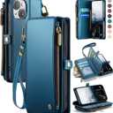 Defencase Compatible with iPhone 13 Case Wallet with RFID Blocking Card Holder for Women and Men, Fashion PU Leather Magnetic Snap Flip Zipper Strap Wallet Phone Case Fit for iPhone 13 6.1", Dark Blue