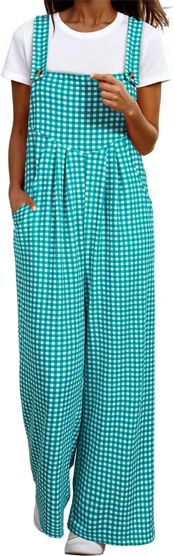 Happy Sailed Womens Plaid Overalls Casual Loose Sleeveless Adjustable Straps Wide Leg Pants Jumpsuit with Pockets (Blue, M)