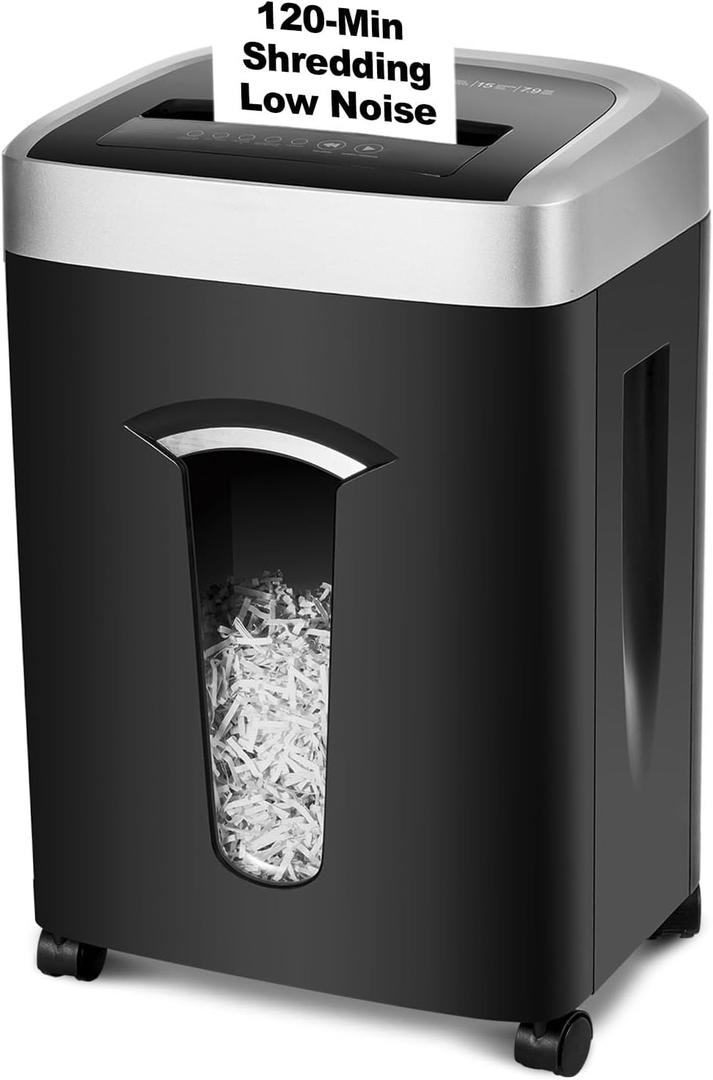 Wingwise 120-Minute Paper Shredder - 15-Sheet Capacity, 30L7.9 Gallon Bin, 58dB Quiet Operation, P4 Cross-Cut Heavy-Duty Shredder for Home & Office Use