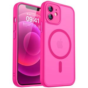 CANSHN Magnetic for iPhone 12 Mini Case, Upgraded [Full Camera Protection] [Compatible with Magsafe] [Translucent Matte] Shockproof Protective Phone Case for iPhone 12 Mini 5.4" - Hot Pink