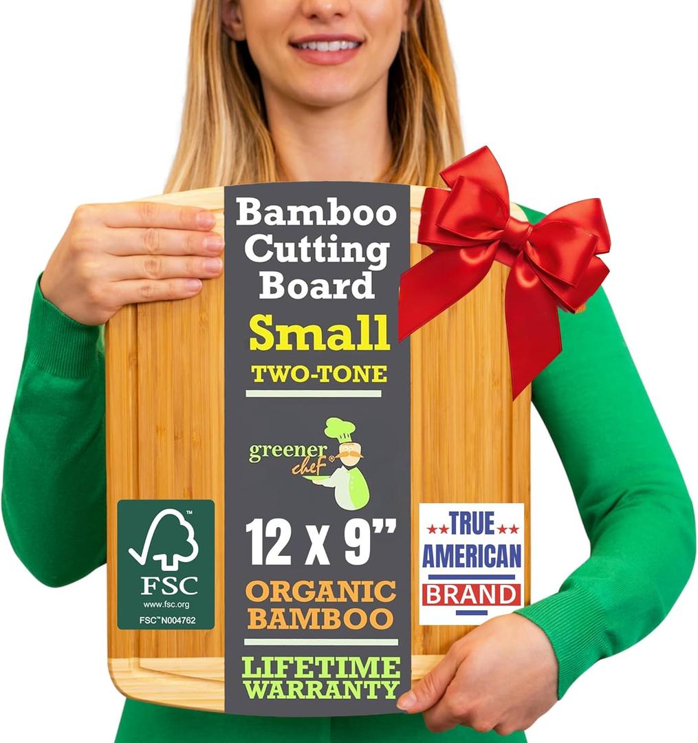 GREENER CHEF 12 Inch Small Bamboo Cutting Board with Lifetime Replacements - Small Wooden Chopping Board for Kitchen, Meat, Vegetables, Cheese, Bread, Charcuterie, and Everyday Food Prep (Two-Tone)