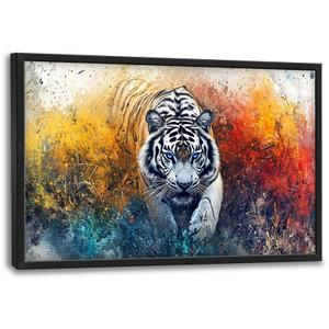 Extra Large Framed Abstract White Tiger Wall Art,Oversized Colorful Cool Tiger Wall Decor,Wild Animal Pictures for Living Room,Canvas Print Painting Modern Artwork Bedroom Office Bathroom 36L x24W