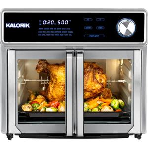 Kalorik Air Fryer Oven Grill MAXX Series 26-Quart with Smokeless Sear Technology Digital Controls Easy-View Door and 22 Smart Cooking Presets, Includes Cooking Accessories, 1700-Watts, Stainless Steel