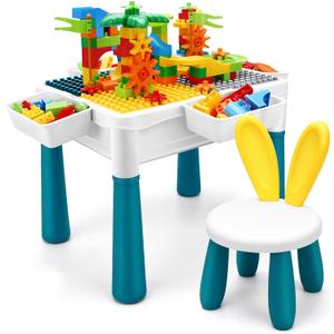 Kids Activity Table, 6-in-1 Play Table Chair Set - Adjustable Height, Storage Box, 105pcs Marble Run Building Blocks, Water & Sand Table Playset Toy Gift for Toddlers