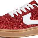 LUCKY STEP Women's Glitter Sneakers Fashion Retro Casual Sparkly Bling Shiny Dressy Bedazzled Bridal Wedding Anti Slip Walking Shoes (8.5, Red)
