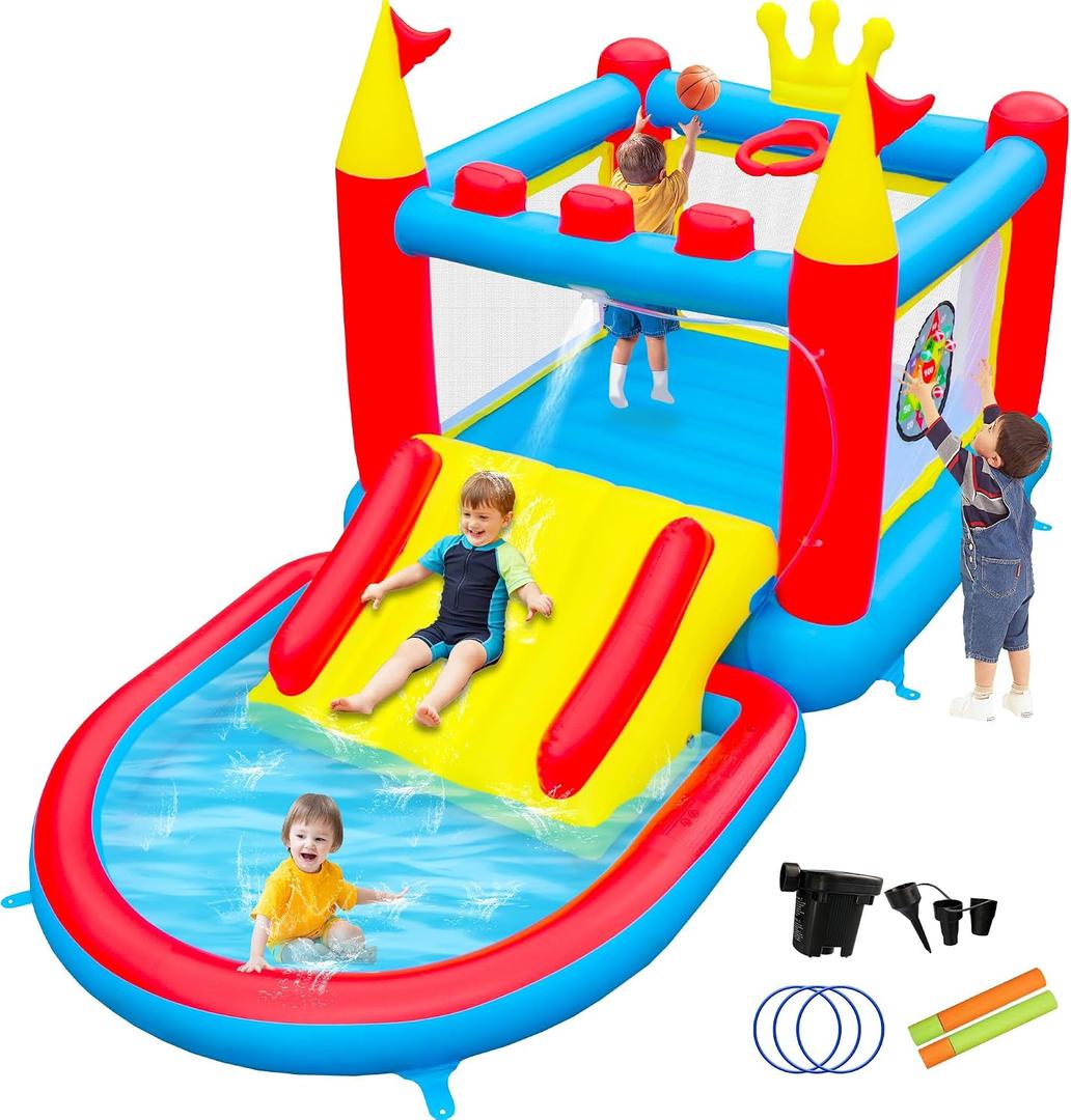 WELLFUNTIME Inflatable Water Slide, PVC Bounce House Water Park for Kids 3-8, with Splash Pool, Basketball Hoop, Ring Toss & Target Game, Indoor Backyard Outdoor Bouncy Playhouse, 133 x 70 x 65 inches