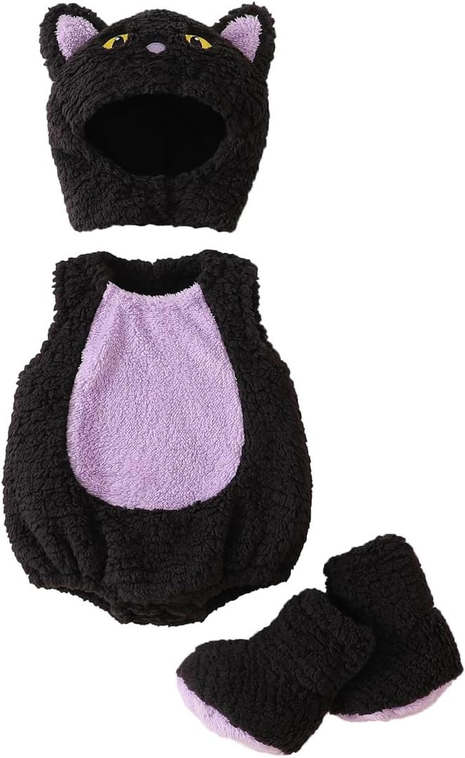 Kuriozud Cute Fuzzy Animal Costume for Baby Girl Boy Halloween Costume Romper with Hat and Leg Warmer 4pcs Cosplay Outfit (6-9 Months, Cat Black Purple)