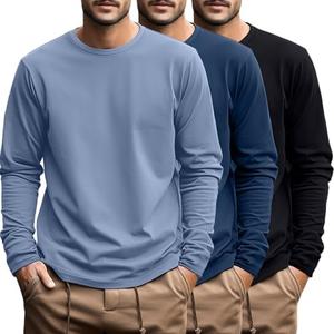 Ficerd 3 Pack Men's Big and Tall Shirts Long Sleeve Cotton Tee Crew Neck Oversize Tops Casual Loose Fit Knitted T Shirts, XL