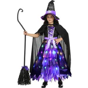 Witch Costume Set for Girls Led Light Up Halloween Costume Dress Up with Hat Cape (5-7 Years, XL)