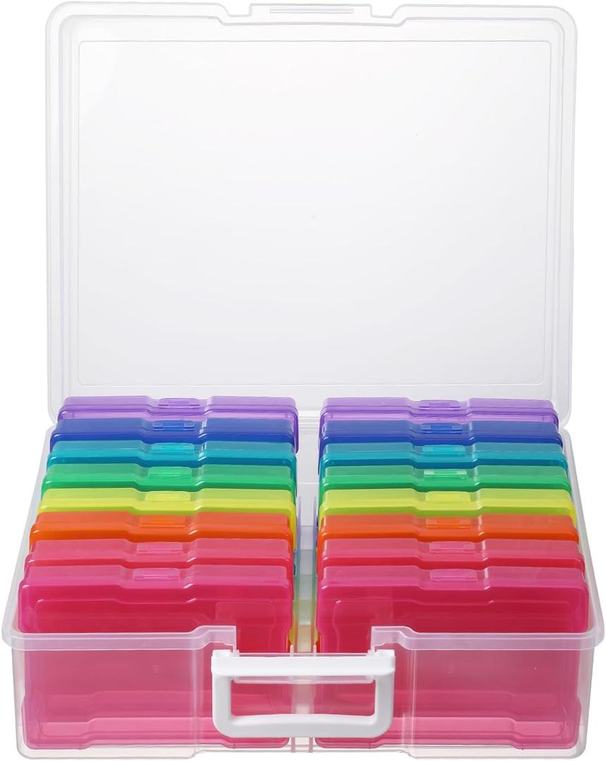 Novelinks Transparent 4" x 6" Photo Organizers and Photo Storage Box with Handle, 16 Inner Photo Cases, Portable Picture Organizers & Photo Storage Containers (Multi-Colored)