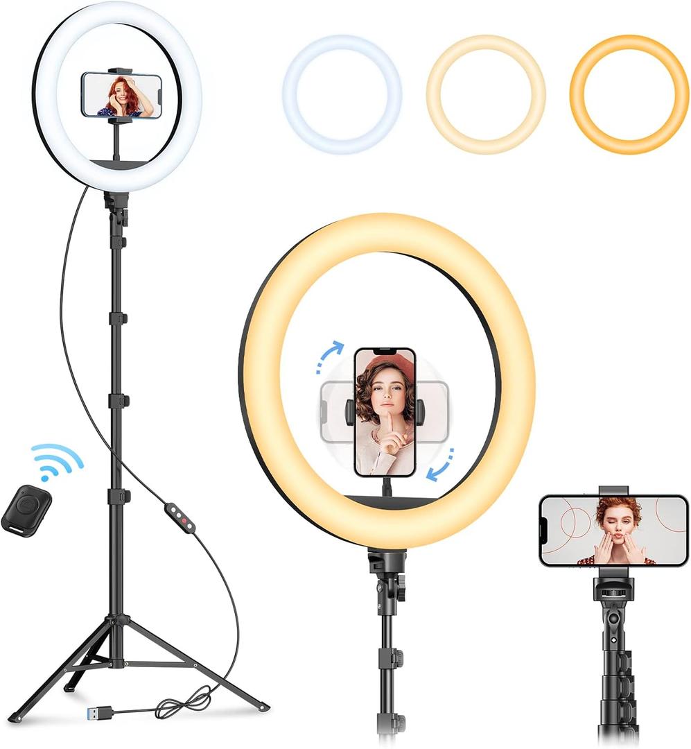 Weilisi 12" Selfie Ring Light with 63" Tripod Stand, Dimmable LED Ring Light with Phone Holder and Wireless Remote, [2-in-1] RGB & Selfie Stick for Photography/Makeup/Live Stream/YouTube (White/Warm)